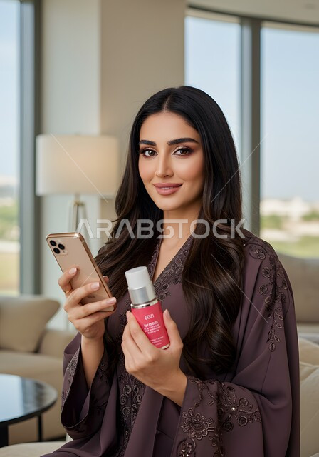 Using a cream and cosmetic ingredient, the concept of skin care and improvement, taking care of women's appearance, close-up of a smiling Saudi Arabian Gulf woman wearing an abaya holding a moisturizing gel bottle and a mobile phone looking at the camera with gestures of self-confidence and pleasure, using a modern technical device