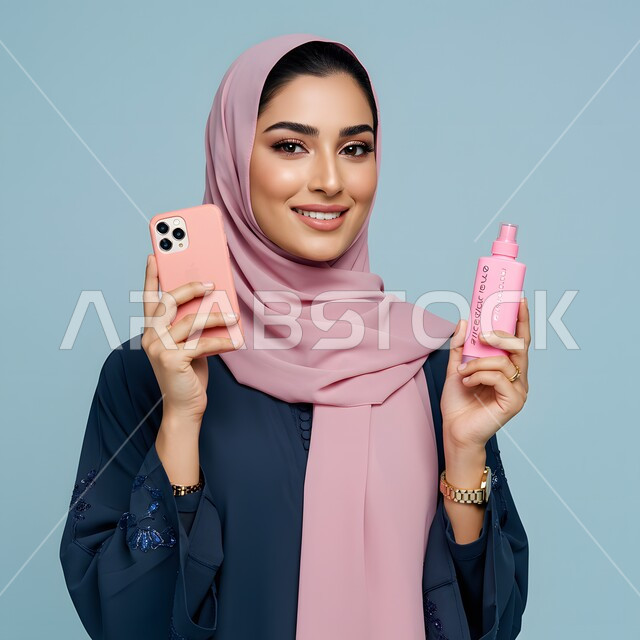 الاهتمام بالمظهر الخارجي، بورتريه مقرب لامرأة عربية خليجية سعودية مبتسمة ترتدي الحجاب والعباءة تمسك علبة جل الترطيب والهاتف المحمول تنظر إلى الكاميرا بإيماءات السرور، استخدام جهاز تقني حديث، العناية بنضارة وتحسين البشرة، استعمال كريم ومكون تجميلي، خلفية زرقاء