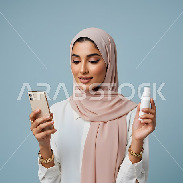 استخدام جهاز تقني حديث، استعمال كريم ومكون تجميلي، الاهتمام بالمظهر الخارجي، بورتريه مقرب لامرأة عربية خليجية سعودية ترتدي الحجاب والعباءة تمسك علبة جل الترطيب والهاتف المحمول، العناية بنضارة وتحسين البشرة، خلفية زرقاء