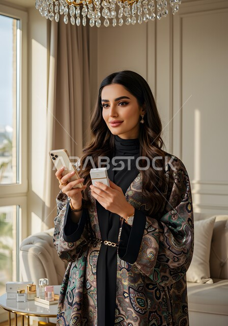 مفهوم النعومة والأنوثة والأناقة، الاهتمام بالمظهر الخارجي، امرأة عربية خليجية سعودية ترتدي العباءة تمسك علبة العطر والهاتف المحمول، استخدام جهاز تقني حديث، العناية برائحة الجسم