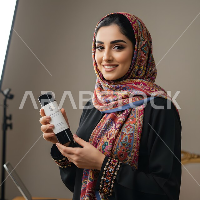 العناية بنضارة وتحسين البشرة، استعمال كريم ومكون تجميلي، الاهتمام بالمظهر الخارجي، بورتريه مقرب لامرأة عربية خليجية سعودية ترتدي الحجاب والعباءة تمسك علبة جل الترطيب تنظر إلى الكاميرا بإيماءات السرور، خلفية بيج