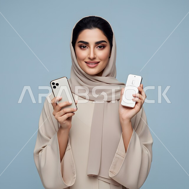 العناية برائحة الجسم، مفهوم النعومة والأنوثة والأناقة، الاهتمام بالمظهر الخارجي، بورتريه مقرب لامرأة عربية خليجية سعودية ترتدي الحجاب والعباءة تمسك علبة العطر والهاتف المحمول تنظر إلى الكاميرا بإيماءات السرور والثقة، استخدام جهاز تقني حديث، خلفية زرقاء