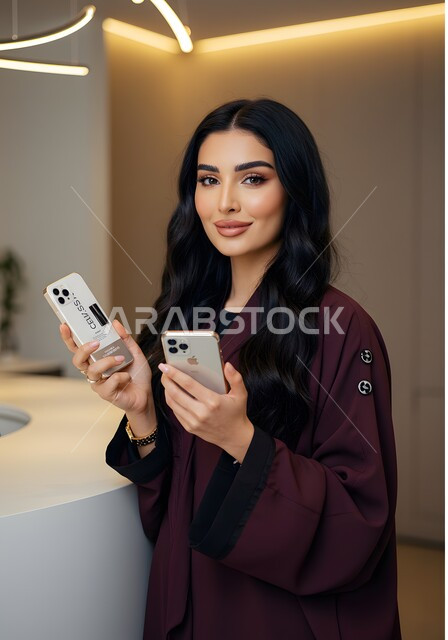 استخدام جهاز تقني حديث، دمج التكنولوجيا المتطورة بالحياة العملية، عرض برامج وتطبيقات الجوال، امرأة عربية خليجية سعودية ترتدي العباءة تمسك بيدها اثنين من الهاتف المحمول تنظر إلى الكاميرا بإيماءات الثقة بالنفس والسرور