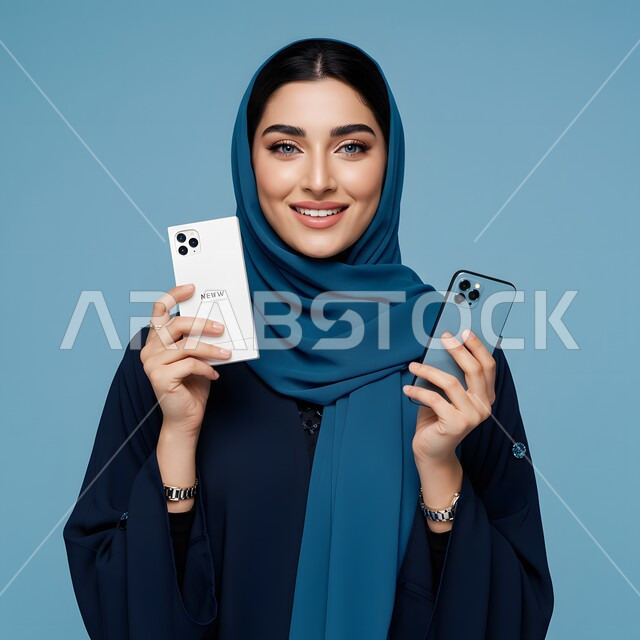 دمج التكنولوجيا المتطورة بالحياة العملية،عرض برامج وتطبيقات الجوال، بورتريه مقرب لامرأة عربية خليجية سعودية ترتدي الحجاب والعباءة تمسك بيدها اثنين من الهاتف المحمول تنظر إلى الكاميرا بإيماءات الثقة بالنفس والسرور، استخدام جهاز تقني حديث،  خلفية زرقاء