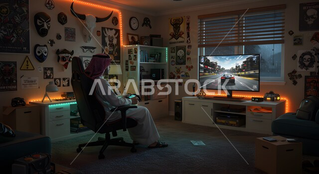قضاء أوقات ممتعة في اللعب بألعاب الفيديو، الاستمتاع بالتقنيات والتكنولوجيا الحديثة، مفهوم المتعة والتسلية، رجل عربي خليجي سعودي يرتدي الثوب التقليدي والشماغ يجلس في غرفته يمسك بيده عصا التحكم