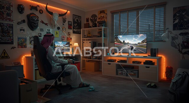 الاستمتاع بالتقنيات والتكنولوجيا الحديثة، مفهوم المتعة والتسلية، قضاء أوقات ممتعة في اللعب بألعاب الفيديو، رجل عربي خليجي سعودي يرتدي الثوب التقليدي والشماغ يجلس في غرفته يمسك بيده عصا التحكم