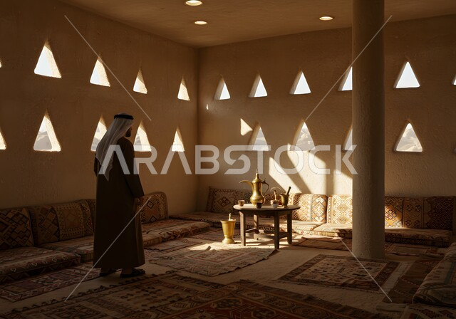 دخول أشعة الشمس إلى البيت، مفهوم الأناقة والاهتمام بالمظهر الخارجي، البيوت التراثية على الطراز التاريخي العريق، رجل عربي خليجي سعودي يرتدي الثوب التقليدي والشماغ يقف باستقامة وسط غرفة طينية قديمة ينظر إلى شيء ما