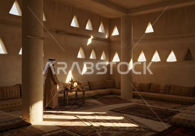 مفهوم الأناقة والاهتمام بالمظهر الخارجي، البيوت التراثية على الطراز التاريخي العريق، رجل عربي خليجي سعودي يرتدي الثوب التقليدي والشماغ يقف باستقامة وسط غرفة طينية قديمة ينظر إلى شيء ما، دخول أشعة الشمس إلى البيت