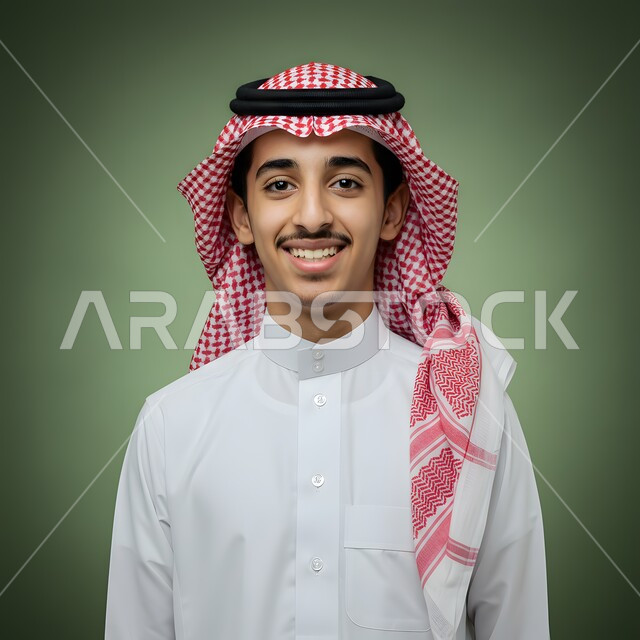 مفهوم الرجولة والوسامة، بورتريه مقرب لشاب عربي خليجي سعودي مبتسم يرتدي الثوب التقليدي والشماغ ينظر إلى الكاميرا بايماءات السرور والبشاشة، الأناقة والاهتمام بالمظهر الخارجي، خلفية خضراء