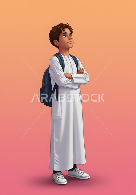الشعور بالنشاط والاستعداد للدوام, الأناقة والاهتمام بالمظهر الخارجي, النظر إلى الأعلى بتعابير التفكير، بداية العام الدراسي الجديد, رسمة توضيحية لولد عربي سعودي خليجي يرتدي الثوب التقليدي يقف بإيماءات أيدي متقاطعة يحمل الحقيبة المدرسية، خلفية ملونة