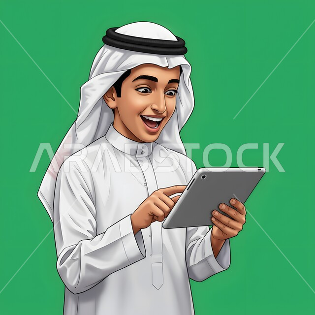 التسليه والترفيه على الأجهزة المحمولة, مفهوم التعليم عن بعد, رسوم توضيحية لولد عربي خليجي سعودي يرتدي الغترة والثوب التقليدي يستخدم الجهاز اللوحي المحمول، استخدام جهاز تقني حديث، قضاء وقت ممتع باللعب على التابلت، خلفية خضراء