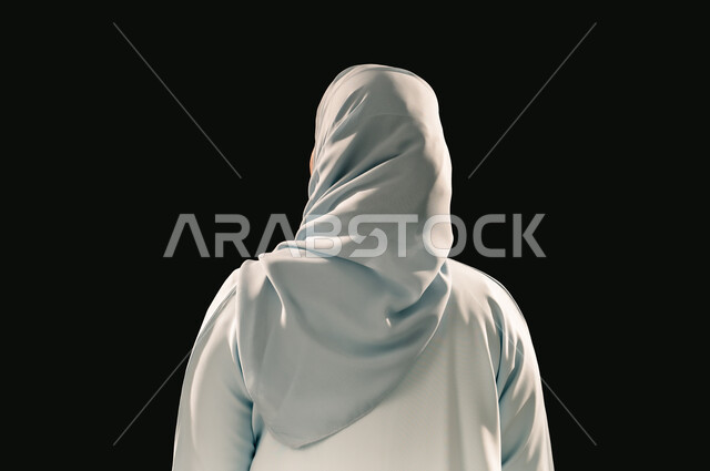مفهوم الأنوثة والنعومة والثقة بالنفس، الاهتمام بالأناقة والمظهر الخارجي، بورتريه مقرب من الخلف لامرأة عربية خليجية سعودية محجبة ترتدي عباءة زرقاء تنظر الى شيء ما، خلفية سوداء