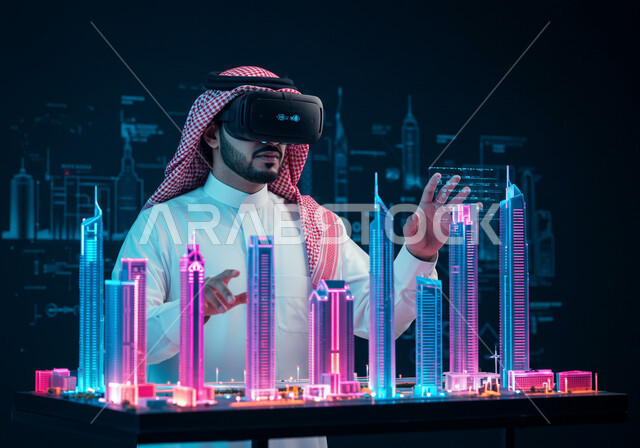 التفاعل والاندماج بالعالم الخيالي، رؤية مستقبلية سعودية 2030، استخدام التقنية والاجهزة الحديثة، رجل عربي خليجي سعودي يرتدي الثوب التقليدي والشماغ يضع نظارة الواقع الافتراضي يجلس امام مكتب بطاولة تحوي شاشات هولوجرامية ومجسمات ثلاثية الأبعاد لابراج وناطحات السحاب