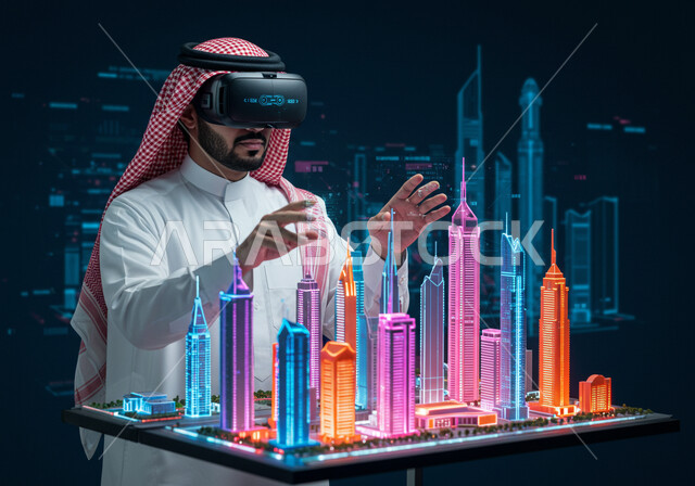 Simulation and integration with the imaginary world, Saudi Vision 2030, use of technology and modern devices, a Saudi Arabian Gulf man wearing the traditional thobe and shemagh, wearing virtual reality glasses, sitting in front of a desk with a table containing holographic screens and three-dimensional models of towers and skyscrapers