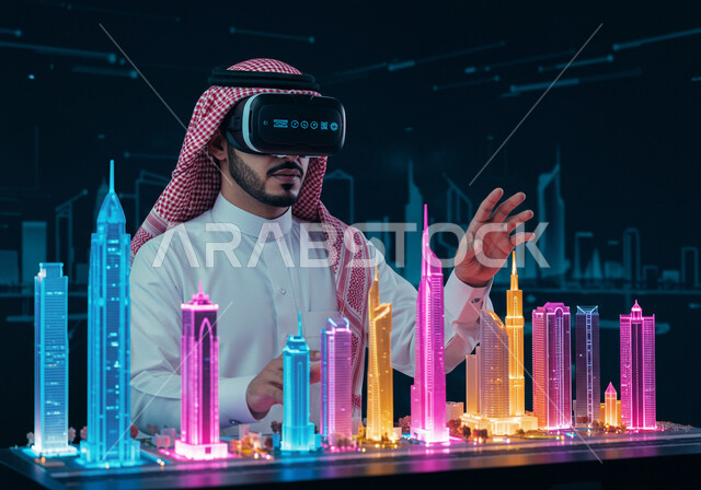 رؤية مستقبلية سعودية 2030، استخدام التقنية والاجهزة الحديثة، رجل عربي خليجي سعودي يرتدي الثوب التقليدي والشماغ يضع نظارة الواقع الافتراضي يجلس امام مكتب بطاولة تحوي شاشات هولوجرامية ومجسمات ثلاثية الأبعاد لابراج وناطحات السحاب، الاندماج ومحاكاة العالم الخيالي