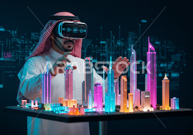 استخدام التقنية والاجهزة الحديثة، رؤية مستقبلية سعودية 2030، رجل عربي خليجي سعودي يرتدي الثوب التقليدي والشماغ يضع نظارة الواقع الافتراضي يجلس امام مكتب بطاولة تحوي شاشات هولوجرامية ومجسمات ثلاثية الأبعاد لابراج وناطحات السحاب، الاندماج ومحاكاة العالم الخيالي