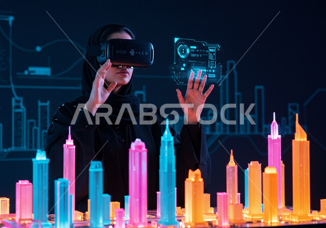  الاندماج ومحاكاه العالم الخيالي، استخدام التقنية والاجهزة الحديثة، رؤية مستقبلية سعودية 2030، امرأة عربية خليجية سعودية محجبة ترتدي عباءة سوداء تضع نظارة الواقع الافتراضي تجلس امام مكتب بطاولة تحوي شاشات هولوجرامية ومجسمات ثلاثية الأبعاد لابراج وناطحات السحاب