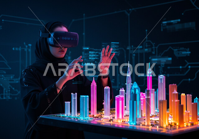 Integration and simulation of the imaginary world, Saudi Vision 2030, use of technology and modern devices, a veiled Saudi Gulf Arab woman wearing a black abaya, wearing virtual reality glasses, sitting in front of a desk with a table containing holographic screens and three-dimensional models of towers and skyscrapers