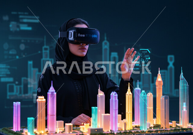 محاكاه والاندماج بالعالم الخيالي، رؤية مستقبلية سعودية 2030، استخدام التقنية والاجهزة الحديثة، امرأة عربية خليجية سعودية محجبة ترتدي عباءة سوداء تضع نظارة الواقع الافتراضي تجلس امام مكتب بطاولة تحوي شاشات هولوجرامية ومجسمات ثلاثية الأبعاد لابراج وناطحات السحاب