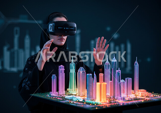 Using technology and modern devices, interaction and integration with the imaginary world, Saudi Vision 2030, a veiled Saudi Arabian Gulf woman wearing a black abaya, wearing virtual reality glasses, sitting in front of a desk with a table containing holographic screens and three-dimensional models of towers and skyscrapers