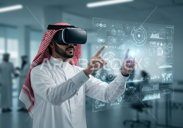 عناصر ورموز هولوجرامية ثلاثية الأبعاد مضيئة، تداول العملة الرقمية، سوق الأوراق المالية, مفهوم التحليل المالي وفرص الاستثمار, صعود وهبوط أسهم البورصة, رجل عربي خليجي سعودي يرتدي الشماغ والثوب التقليدي يضع نظارة الفي ار يقوم بمشاهدة الأرقام و الإحصائيات المالية