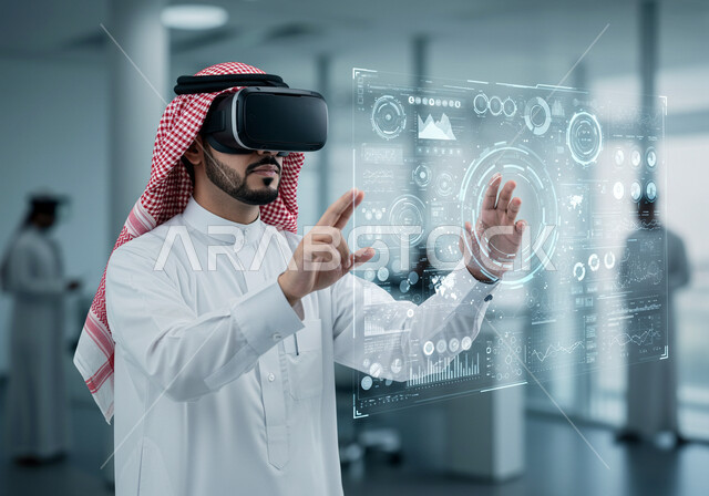 تداول العملة الرقمية، سوق الأوراق المالية, مفهوم التحليل المالي وفرص الاستثمار, صعود وهبوط أسهم البورصة, عناصر ورموز هولوجرامية ثلاثية الأبعاد مضيئة، رجل عربي خليجي سعودي يرتدي الشماغ والثوب التقليدي يضع نظارة الفي ار يقوم بمشاهدة الأرقام و الإحصائيات المالية