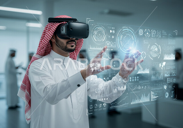 صعود وهبوط أسهم البورصة, عناصر ورموز هولوجرامية ثلاثية الأبعاد مضيئة، تداول العملة الرقمية، سوق الأوراق المالية, مفهوم التحليل المالي وفرص الاستثمار, رجل عربي خليجي سعودي يرتدي الشماغ والثوب التقليدي يضع نظارة الفي ار يقوم بمشاهدة الأرقام و الإحصائيات المالية