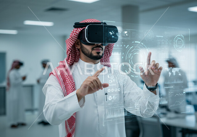 عناصر ورموز هولوجرامية ثلاثية الأبعاد مضيئة، تداول العملة الرقمية، سوق الأوراق المالية, مفهوم التحليل المالي وفرص الاستثمار, هبوط وصعود أسهم البورصة, رجل عربي خليجي سعودي يرتدي الشماغ والثوب التقليدي يضع نظارة الفي ار يقوم بمشاهدة الأرقام و الإحصائيات المالية