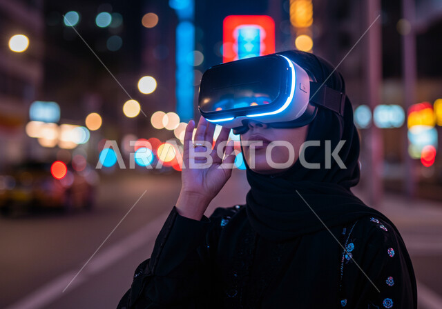 تعابير محاولة الامساك بشيء ما، مفهوم التطور التقني والتكنولوجي، استعمال الأجهزة التقنية الحديثة والمتطورة، محاكاه العالم الخيالي، الاندماج والتفاعل مع العناصر الهولوجرامية، صورة مقربة لامرأة عربية خليجية سعودية محجبة ترتدي عباءة سوداء وتضع نظارة الواقع الافتراضي