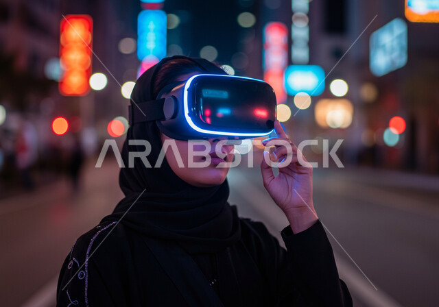 ايماءات محاولة الامساك بشيء ما، مفهوم التطور التقني والتكنولوجي، استعمال الأجهزة التقنية الحديثة والمتطورة، محاكاه العالم الخيالي، الاندماج والتفاعل مع العناصر الهولوجرامية، صورة مقربة لامرأة عربية خليجية سعودية محجبة ترتدي عباءة سوداء وتضع نظارة الواقع الافتراضي