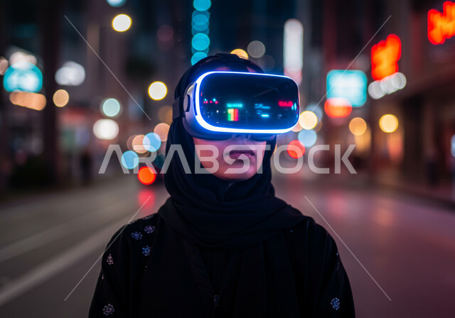 مفهوم التطور التقني والتكنولوجي، استعمال الأجهزة التقنية الحديثة والمتطورة، محاكاه العالم الخيالي، الاندماج والتفاعل مع العناصر الهولوجرامية، صورة مقربة لامرأة عربية خليجية سعودية محجبة ترتدي عباءة سوداء وتضع نظارة الواقع الافتراضي، ايماءات محاولة الامساك بشيء ما