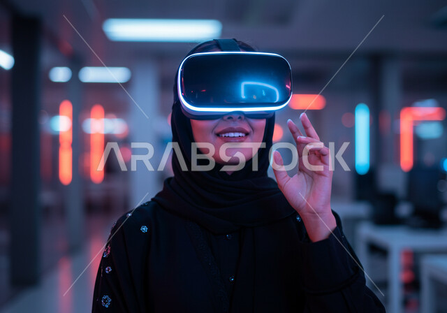 استعمال الأجهزة التقنية الحديثة والمتطورة، محاكاه العالم الخيالي، الاندماج والتفاعل مع العناصر الهولوجرامية، صورة مقربة لامرأة عربية خليجية سعودية محجبة ترتدي عباءة سوداء وتضع نظارة الواقع الافتراضي، مفهوم التطور التقني والتكنولوجي، ايماءات محاولة الامساك بشيء ما