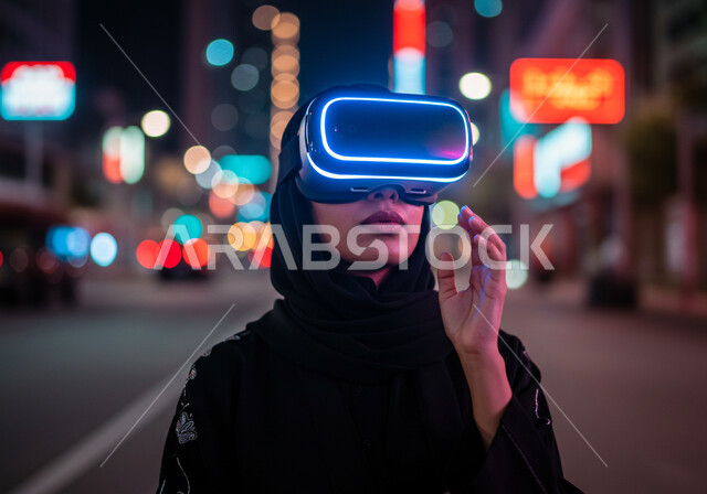 التفاعل والاندماج مع العناصر الهولوجرامية، تعابير محاولة الامساك بشيء ما، مفهوم التطور التقني والتكنولوجي، استعمال الأجهزة التقنية الحديثة والمتطورة، محاكاه العالم الخيالي، صورة مقربة لامرأة عربية خليجية سعودية محجبة ترتدي عباءة سوداء وتضع نظارة الواقع الافتراضي