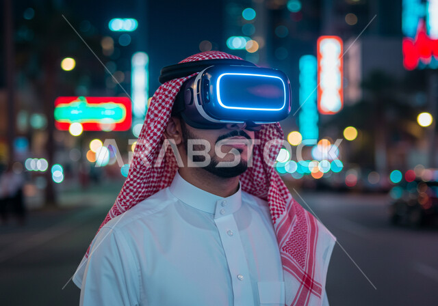 الاندماج والتفاعل مع العناصر الهولوجرامية، محاكاه العالم الخيالي، استخدام الأجهزة التقنية الحديثة والمتطورة، مفهوم التطور التقني والتكنولوجي، صورة مقربة لرجل عربي خليجي سعودي يرتدي الشماغ والثوب التقليدي يضع نظارة الواقع الافتراضي