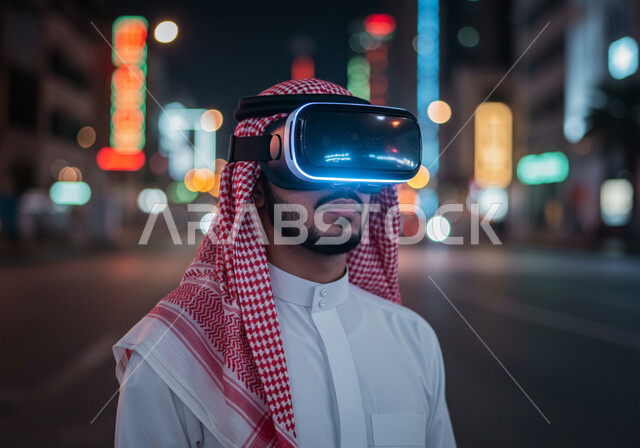 Using modern and advanced technical devices, the concept of technical and technological development, integration and interaction with holographic elements, simulating the imaginary world, a close-up image of a Saudi Arabian Gulf man wearing a traditional shemagh and thobe, wearing virtual reality glasses
