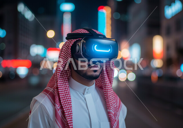 Using modern and advanced technical devices, the concept of technical and technological development, integration and interaction with holographic elements, simulating the imaginary world, a close-up image of a Saudi Arabian Gulf man wearing a traditional shemagh and thobe, wearing virtual reality glasses
