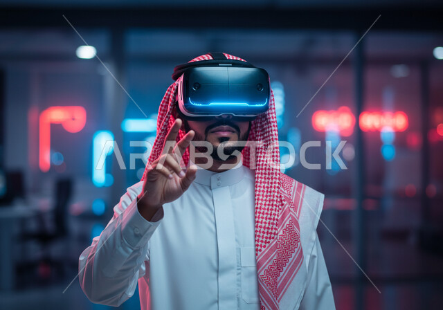 Gestures of trying to grab something, integration and interaction with holographic elements, the concept of technical and technological development, the use of modern and advanced technical devices, simulating the imaginary world, a close-up image of a Saudi Arabian Gulf man wearing a traditional shemagh and thobe, wearing virtual reality glasses