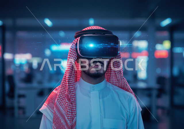 الاندماج والتفاعل مع العناصر الهولوجرامية، مفهوم التطور التقني والتكنولوجي، استعمال الأجهزة التقنية الحديثة والمتطورة، محاكاه العالم الخيالي، صورة مقربة لرجل عربي خليجي سعودي يرتدي الشماغ والثوب التقليدي يضع نظارة الواقع الافتراضي