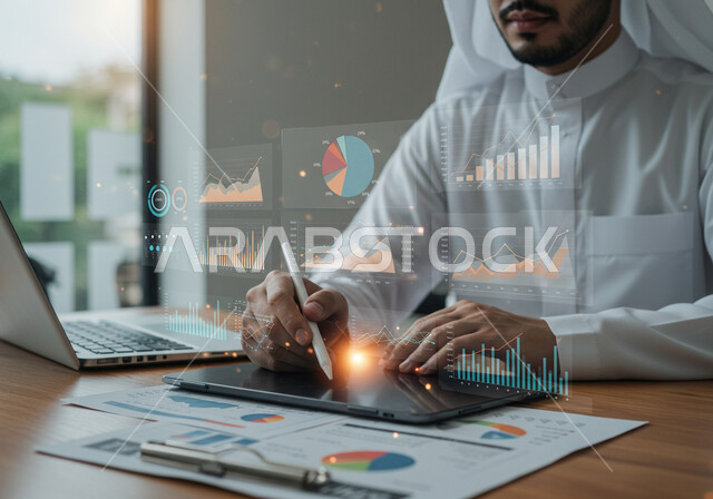 مفهوم التحول الرقمي، دمج التكنولوجيا المتطورة بالعمل، رجل عربي خليجي سعودي يرتدي الثوب التقليدي والغترة يقوم بكتابة الارقام والاحصائيات على جهاز التابلت، رموز هولوجرامية ثلاثية الأبعاد، رسوم بيانية إحصائية للبورصة المالية، تطوير الشركة والمشاريع الاقتصادية