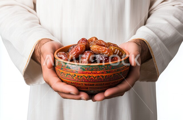 إفطار الصائم في رمضان، وجبة غذائية بسعرات حرارية مفيدة، منتج ومحصول محلي وطني، بورتريه مقرب لرجل عربي خليجي سعودي يرتدي الثوب التقليدي يحمل بيديه وعاء مليء بالتمر، غذاء صحي ومفيد، ضيافة المناسبات والأعياد في المملكة العربية السعودية، خلفية بيضاء