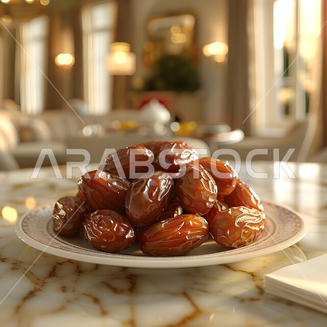 إفطار الصائم في رمضان، وجبة غذائية بسعرات حرارية مفيدة، منتج ومحصول محلي وطني، صورة مقربة لطبق من التمر على طاولة الطعام، غذاء صحي ومفيد، ضيافة المناسبات والأعياد في المملكة العربية السعودية