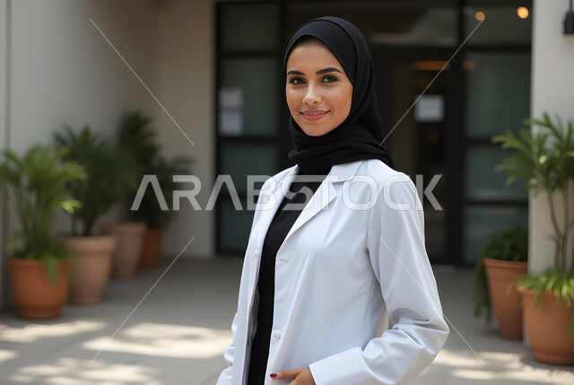 تقديم الخدمات للمرضى بكل كفاءة، مهنة ووظيفة نسائية، العمل في القطاع الصحي في المملكة، مفهوم الطب والرعاية الصحية، صورة مقربة لطبيبة عربية خليجية سعودية محجبة ترتدي المعطف الابيض تقف في الخارج تنظر إلى الكاميرا بايماءات الثقة بالنفس