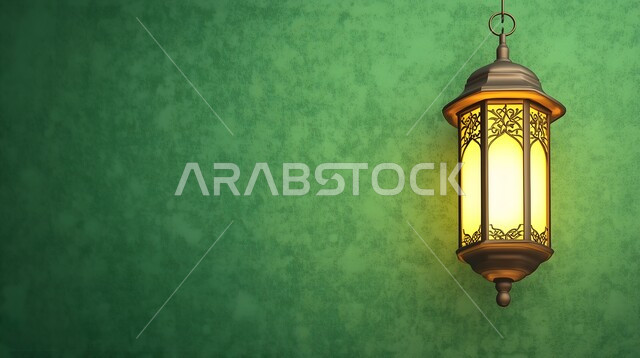 فانوس معدني مضيء معلق, مصباح عربي تقليدي, الأجواء الرمضانية الروحانية في المملكة العربية السعودية, الاحتفال بالمناسبات الدينية الإسلامية, البهجة بقدوم رمضان المبارك, ديكور وزينة شهر الخير، خلفية خضراء