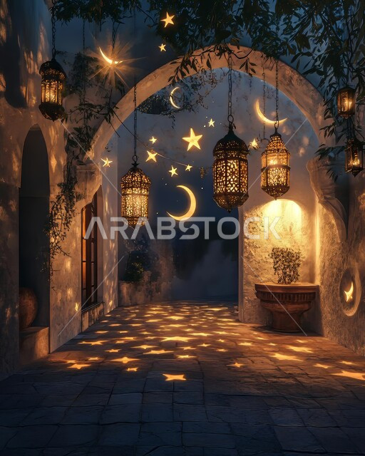 Decorative illuminated metal lanterns with crescent and stars, Arab customs and traditions in religious occasion decoration, traditional antiques and decorations to celebrate the coming of Ramadan, Ramadan atmosphere and Islamic spirituality, welcoming the month of goodness and blessings
