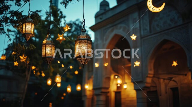 Traditional antiques and decor to celebrate the coming of Ramadan, Ramadan atmosphere and Islamic spirituality, welcoming the month of goodness and blessings, illuminated decorative metal lanterns hung with a crescent and stars in front of an ancient building, Arab customs and traditions in the decoration of the religious occasion