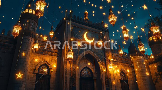 Welcoming the month of goodness and blessings, illuminated decorative metal lanterns hung with a crescent and stars in front of an ancient building, Arab customs and traditions in the decoration of the religious occasion, traditional antiques and decor to celebrate the arrival of the blessed Ramadan, Ramadan atmosphere and Islamic spirituality