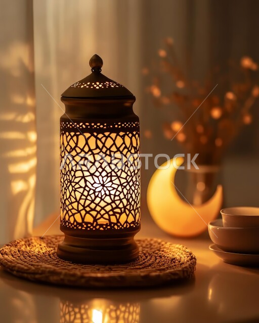 A masterpiece and traditional decoration to celebrate the coming of the holy month of Ramadan, Ramadan atmosphere and Islamic spirituality, welcoming the month of goodness and blessings, a decorated metal lantern illuminated with the crescent moon on the table, Arab customs and traditions in the decoration of the religious occasion