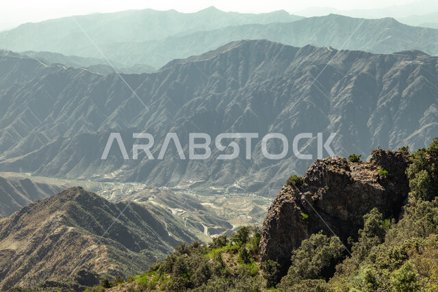 الشجر والنبات المغطي سفوح الجبل، التضاريس والبيئة الجبلية لمنطقة أبها في عسير، الطبيعة والمنتزهات والحدائق الخضراء، سلاسل الجبال الصخرية والقمم العالية في وقت النهار،  أماكن طبيعية للمغامرات ورحلات السفاري والاستمتاع