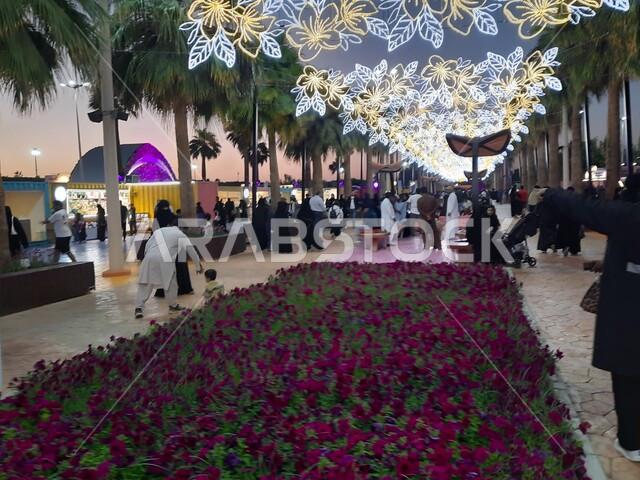 التصميم والديكور المتميز في حديقة مدينة ينبع الصناعية وقت الغروب، وجهه عائلية بيئية ثقافية وترفيهية، معرض ومهرجان طبيعي سياحي في المملكة العربية السعودية، حقول الورود الملونة في مهرجان الزهور والحدائق، الحفاظ على البيئة والتنمية المستدامة