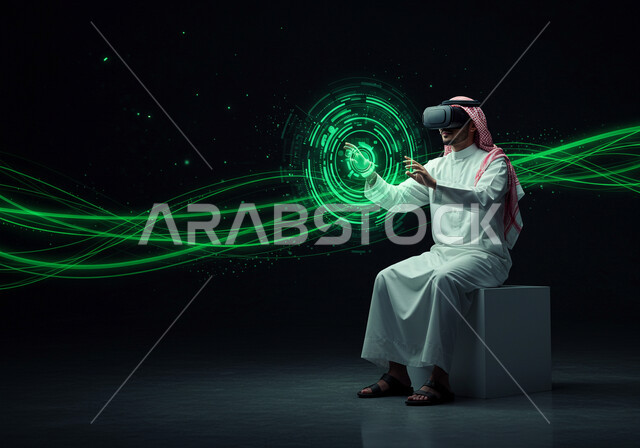 مفهوم التطور التقني والتكنولوجي، ايماءات محاولة الامساك بشيء ما، الاندماج والتفاعل مع العناصر الهولوجرامية، محاكاه العالم الخيالي، استخدام جهاز تقني حديث،  رجل عربي خليجي سعودي يرتدي الثوب التقليدي و الشماغ يضع نظارة الواقع الافتراضي ويقوم بلمس أيقونات افتراضية